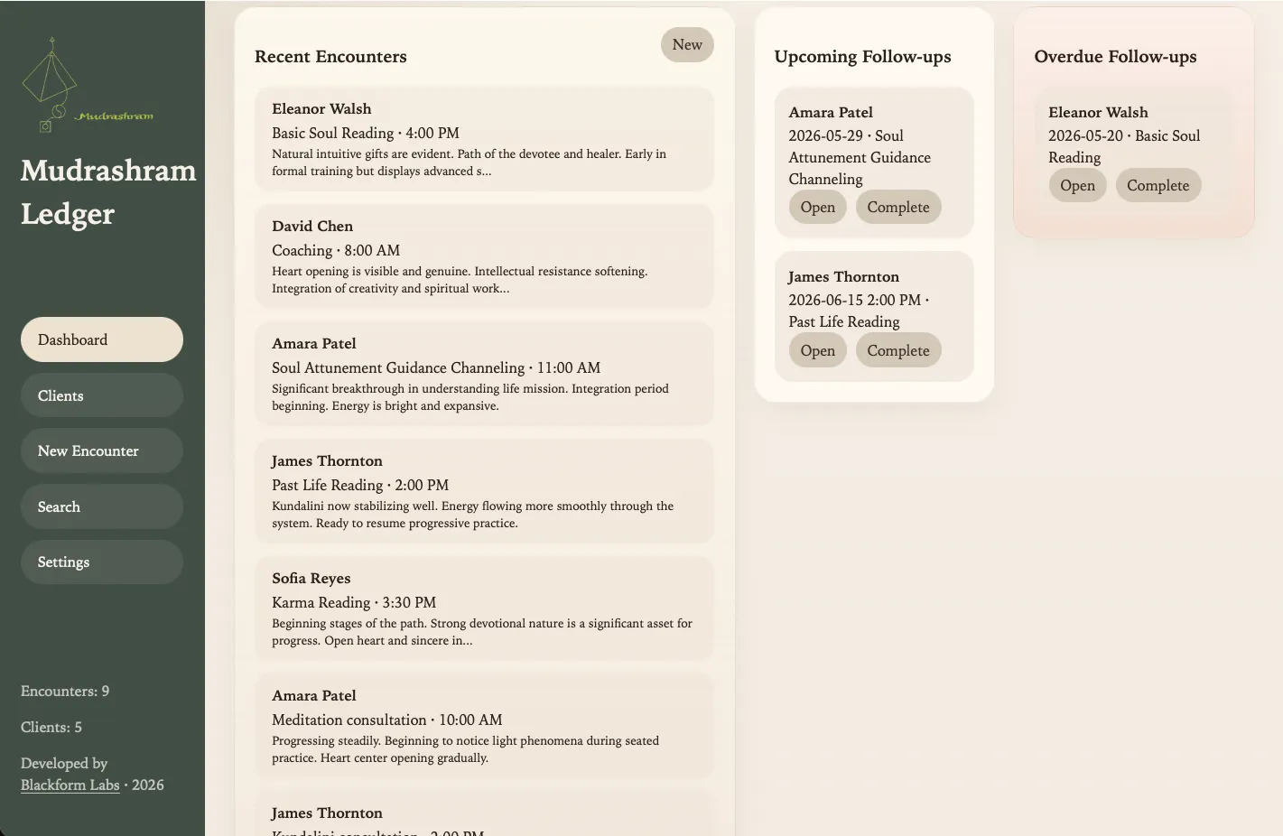 Mudrashram Ledger dashboard showing recent encounters and follow-up tracking