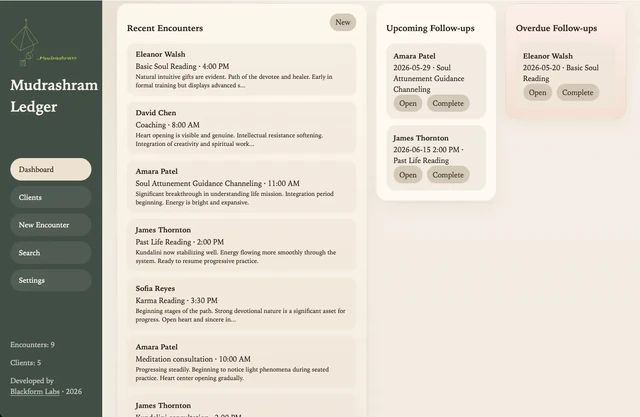 Mudrashram Ledger desktop workspace showing demonstration client profiles and follow-up tools.